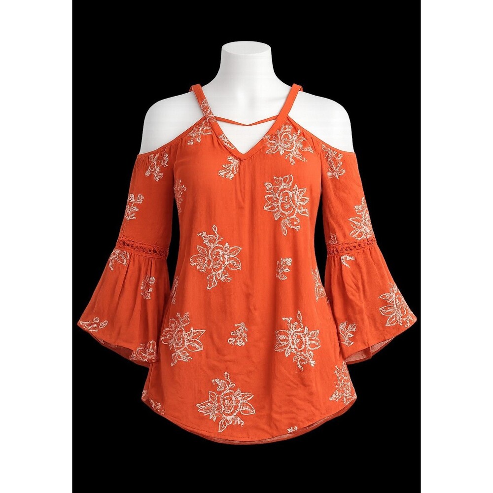 Blushing Heart Orange White Floral Embroidered Cold Shoulder Bell Blouse M